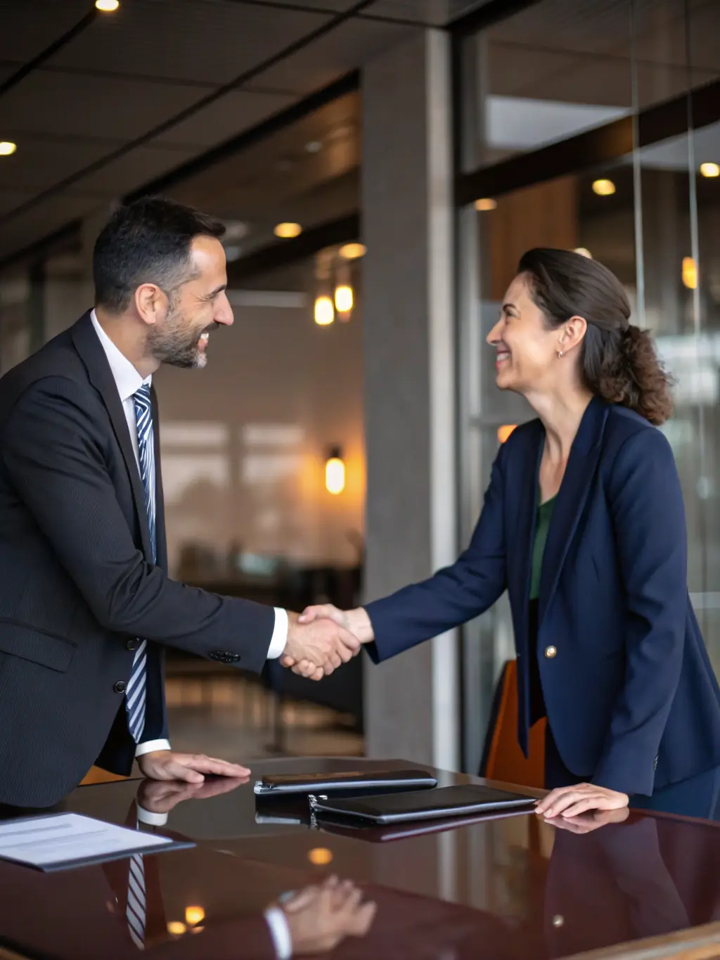A business executive shaking hands with a consultant in a modern office, symbolizing a successful partnership and achievement of business goals.