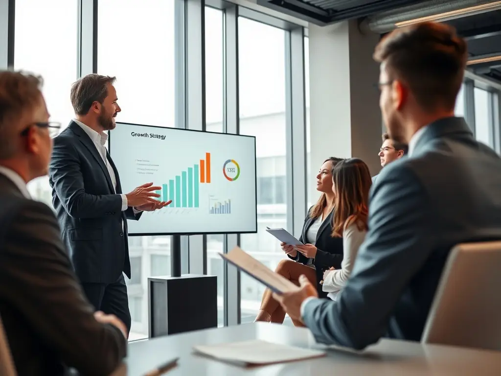 A consultant is presenting a business development strategy to a team in a modern office setting, emphasizing growth opportunities.