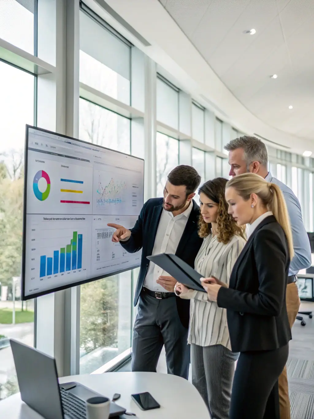 A professional team is conducting a business analysis meeting in a modern office, focusing on data and strategic planning.