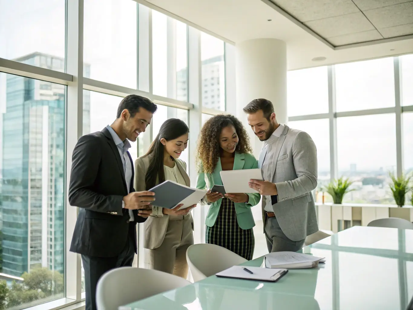 An image of a diverse team of consultants collaborating around a table, reviewing data analytics and strategic plans, symbolizing SmartProjectcon's collaborative and data-driven approach to business development.