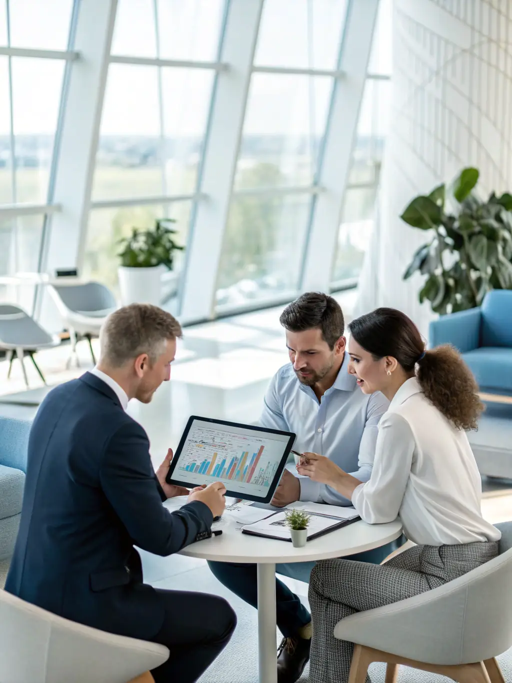 A diverse team of consultants brainstorming around a table, reviewing market analysis reports and discussing potential strategies for a client's business development.