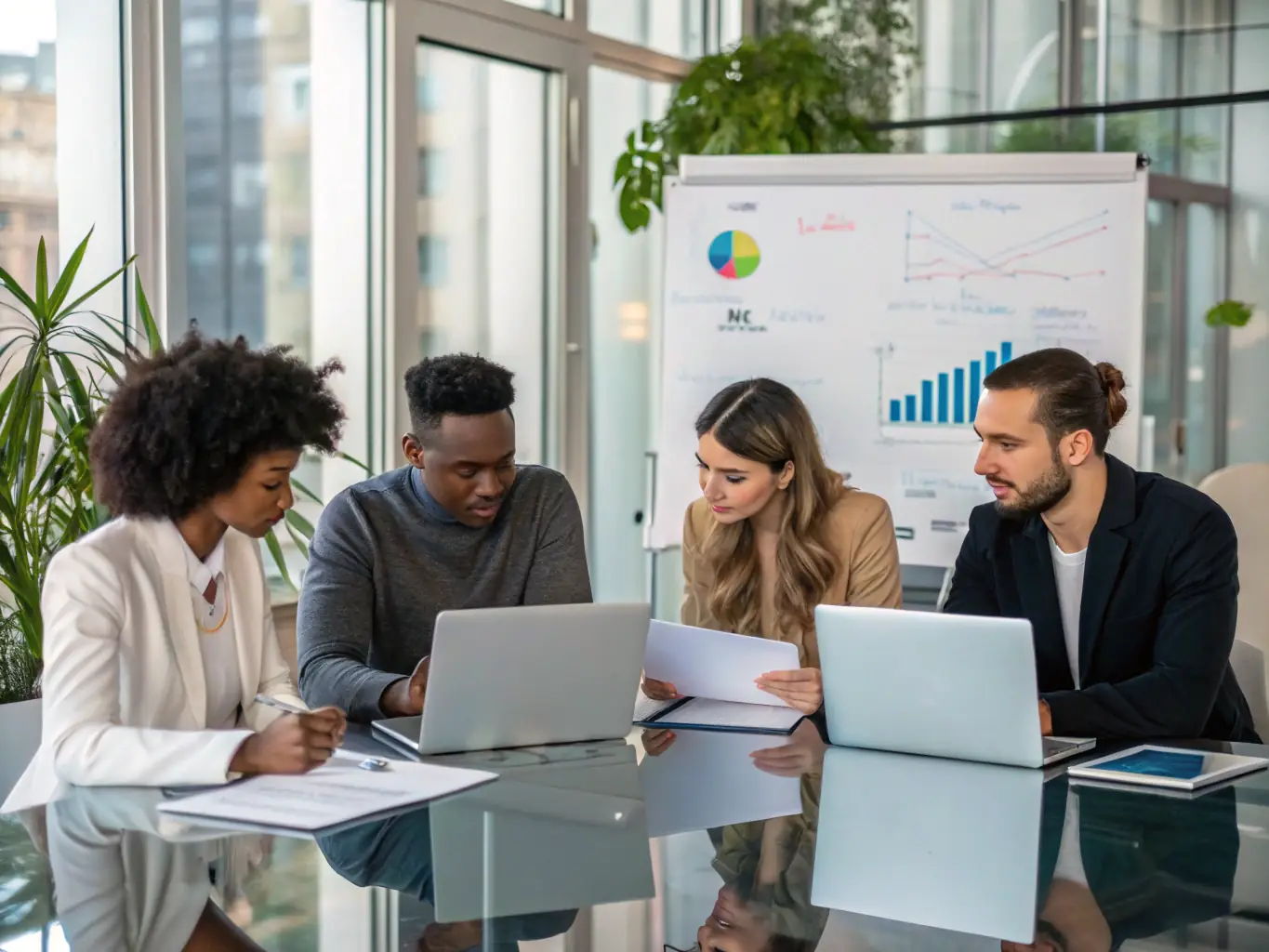 A team of consultants is analyzing data on laptops and whiteboards, focusing on digital transformation strategies.