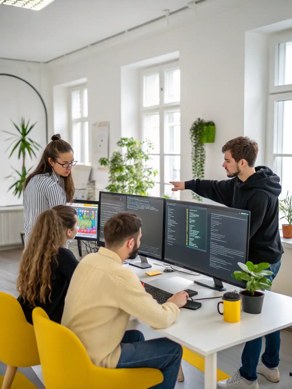A project manager is overseeing a team working on software development, emphasizing collaboration and efficiency.