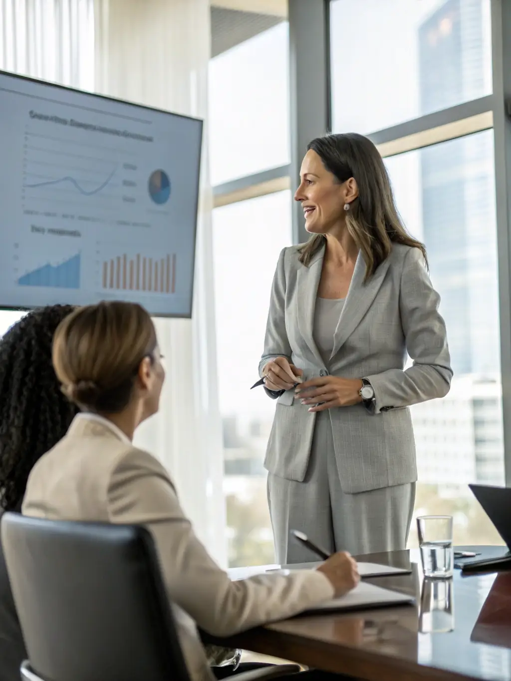 A consultant presenting a business strategy to a team of executives in a boardroom, with a focus on growth opportunities and market expansion in Kazakhstan.