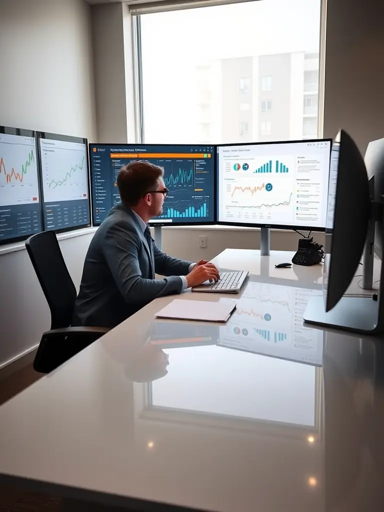 A professional consultant in a modern office setting, analyzing data on a laptop, with charts and graphs displayed on the screen, representing data-driven decision-making.