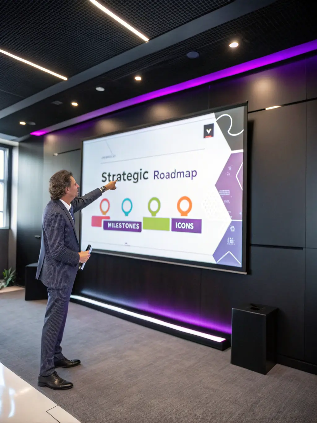 A consultant presenting a comprehensive business development strategy to a client, outlining key initiatives and milestones for achieving their growth objectives.