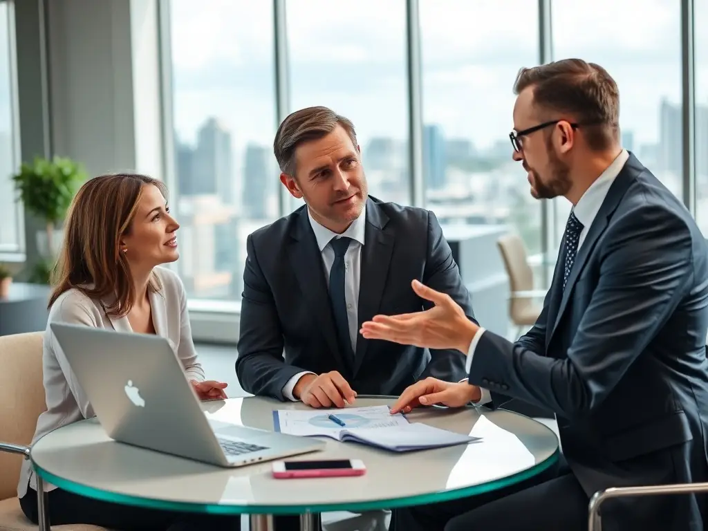 An image depicting a consultant presenting a data-driven report to a client, highlighting key insights and strategic recommendations for improved business performance.