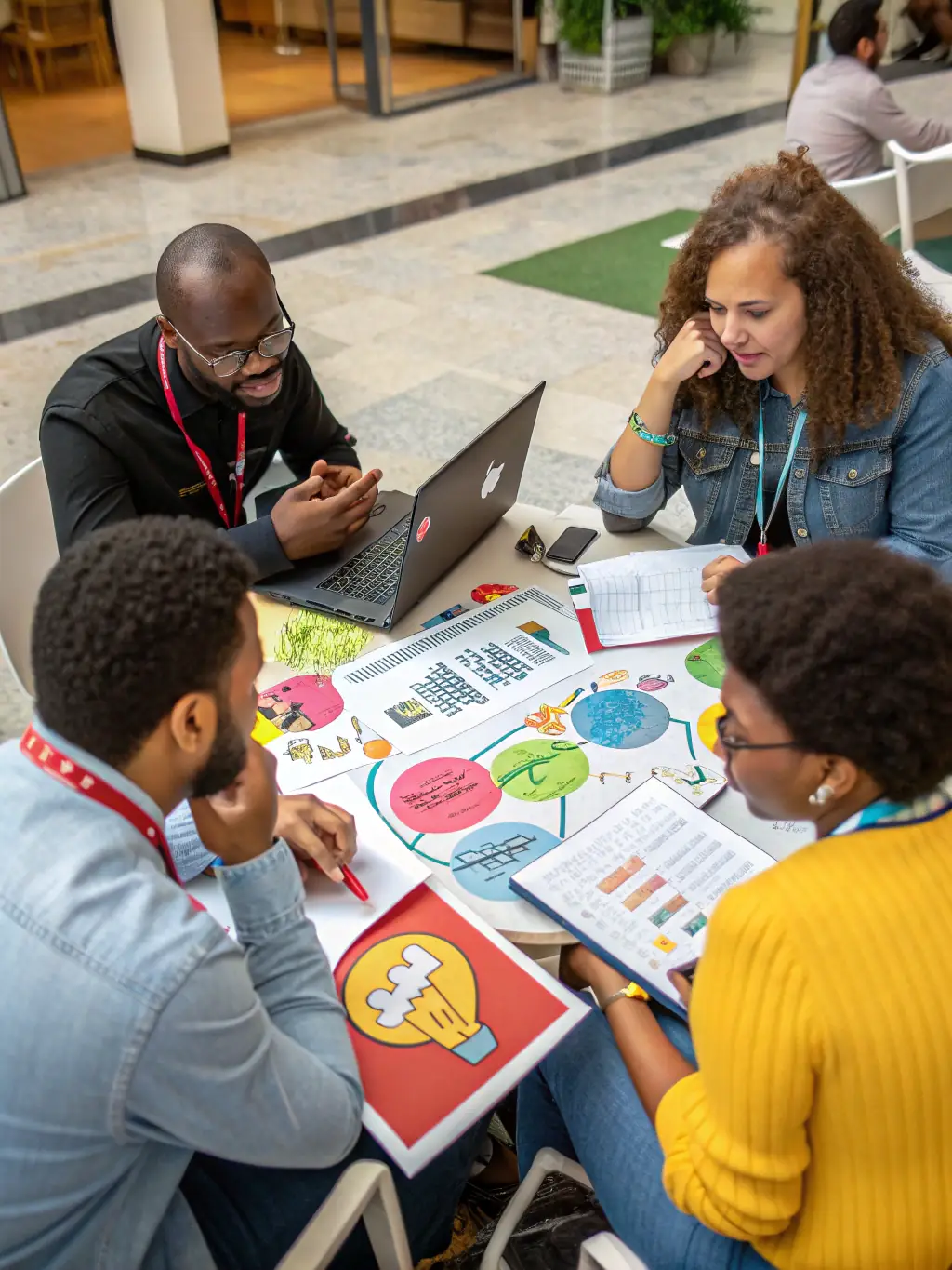 A diverse team of consultants collaborating in a bright, modern office, brainstorming ideas and discussing strategies, symbolizing expertise and teamwork.