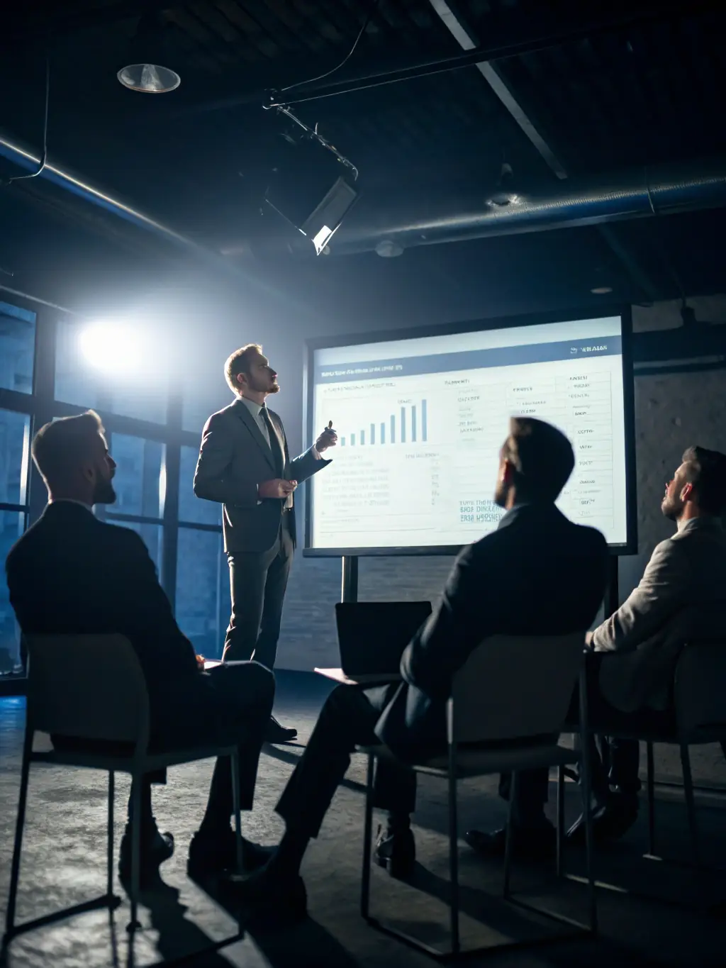 A consultant presenting a digital transformation plan to a company's board in a modern office in Kazakhstan, highlighting technological advancements.